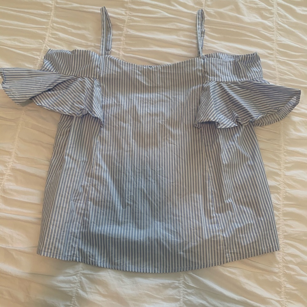 Blue and White Striped Off the Shoulder Blouse